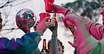 Hands, toast and friends in nature for celebration with drinks, beer or alcohol for reunion, event or low angle. Group, disco ball and people in party with cheers or cups for fun social gathering