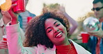 Party, portrait and happy woman dance with beer outdoor for celebration, rave and energy at summer social event with friends. Girl, drink and moving at disco gathering or music festival with alcohol