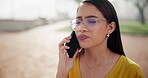 Business woman, phone call and outdoor for discussion, networking and speaking with contact. Technology, cellphone and female consultant on smartphone for talking, explaining and conversation