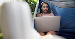 Hammock, woman and laptop for planning in outdoor, remote work and report on website for agenda. Female person, feet and journalist for research on article, editing and networking on app for project