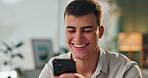 Smile, social media and man with smartphone on sofa for communication, scroll internet or networking in home. Online, contact and happy person with mobile for funny meme, notification or typing post