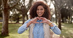 Happy, black woman and nature with heart hands for love, vote or outdoor review in nature. Portrait of young African or female person with smile, like emoji or sign for gesture, care or shape at park