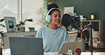 Speaking, podcast and woman recording with headphones in home studio for radio job in house. Live streaming, microphone and influencer or content creator with internet broadcast subscription in Spain