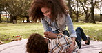 Mother, son and playing in park with tickle for bonding, fun activity and laughing for funny game on blanket. Family, woman and boy child on grass in nature with weekend break, relax or happy outdoor