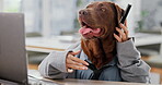 Office, business and dog in phone call with laptop or documents for communication and conversation. Funny, mimic and animal on suit in desk at workplace with networking, connection and discussion