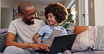 Father, son and smile with laptop, online and man with boy for education, elearning and living room. House, dad and kid with computer, knowledge and growth with development of child, teaching or home