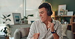 Happy, businessman and headphones with dance in office for web design, success and listening to music. Audio, technology and designer with energy at work for online radio, sound and digital streaming