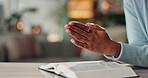 Hands, woman and pray with bible book at house to worship, faith or spiritual healing for trust in god Jesus Christ. Female, person, christian and reading holy scripture, gratitude or praise of peace