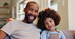 Smile, face and dad with child on sofa relaxing in living room for fathers day celebration. Happy, love and portrait of black man with boy kid on couch in lounge for bonding together at family home.
