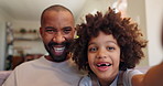 Black family, love and face of father with son sitting on sofa with smile. Happiness, affection and child bonding with single dad in family home sitting on lap, embrace and relax together on couch