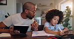 Dad, child and teaching for home education and online learning with math, numbers and support on tablet. African family, man or father helping with boy writing for school homework and digital test