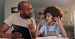 Dad, kid and teaching with home education, online learning or math support on tablet for counting test. African family, man or father helping boy with school homework and digital quiz for development