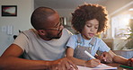 Teaching, learning and dad with child for home education, development or support with math or language. African family, man or father helping boy or kid with writing skills, test or quiz for homework