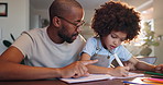 Teaching, writing and father with son for home education, development or support in math or language. African family, man or dad helping boy or child with creative skills, test or guide for school