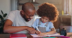 Learning, help and father with kid in home school for education, knowledge or development with African family. Homework, happy dad and child drawing on book for study, support or parent teaching art