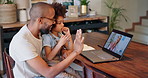 Child, family and video call with doctor for telehealth, support and virtual consultation at home on laptop screen. African man, father or dad with kid and pediatrician, healthcare or medical advice