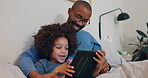 Father, boy and relax with tablet on bed at house for reading online ebook, storytelling or bonding together for bedtime. Man, child and digital by streaming cartoon movie, love or development care 