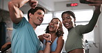 Happy friends, fitness and selfie with picture for workout, exercise or indoor training at gym. Group of young people with smile or flex for photography, moment or memory together at health club