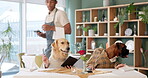 Dogs, restaurant and waiter with credit card to pay bill on date, enjoy and feast on meal. Funny, mimic and comic on animal or pet friendly as couple for relationship in table, puppy and humor