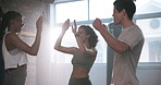 Coach, women and high five with success in gym for workout goal, exercise progress and excited for team target. Personal trainer, friends and applause for support, motivation and training achievement