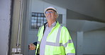 Construction worker, open and man at garage door of warehouse with morning routine and start of day. Mature engineer, professional and person with shutter roller in workshop, factory and working site