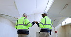 Construction, industry and men with fist bump in warehouse for project, partnership and motivation. Inspector, contractor and people with success gesture for trust, help and support in engineering