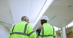 Engineering, industry and men with discussion in warehouse for project, feedback and motivation. Inspector, contractor and people with well done gesture for construction, update and pride in worker