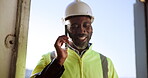 Talking, contractor and phone call with smile for communication, logistics and project planning. Mobile technology, conversation and black man happy for progress update, schedule and inspection