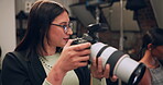 Photographer, camera and check in studio for 
photoshoot, media and magazine cover as creative. Cameraman, focus and female person backstage for shooting, production and brand as director with lens