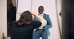 Black man, photographer and picture with fashion for production, film or content at studio. Young African, happy male person or cool model posing with producers for camera shoot in stylish clothing