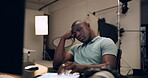 Photography, man and sleeping at computer in studio with burnout, tired or overworked from photoshoot. Photographer, artist and african person or resting by desktop for nap from editing or production