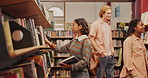 Shelf, book and woman in library for return at university, college or school campus for education. Replace, girl learning and student with scholarship studying knowledge, research and information