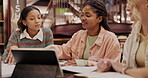 Group, library and students studying with notes for college or university for efficiency. Knowledge, scholarship and higher education with books, people and exam research with communication on campus