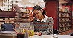 Stress, laptop and woman student in library studying for difficult exam, test or assignment. Anxiety, technology and female person reading university email for scholarship mistake or debt on computer