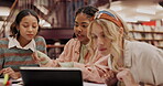 Tablet, library and students studying with notes for college or university for efficiency. Online, knowledge and higher education with books, people and exam research with communication on campus