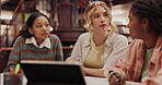 Tablet, group and students studying with notes for college in library for test answers. Scholarship, knowledge and higher education with people, books and exam research with communication on campus