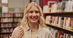 University, library and portrait of woman with smile, backpack and opportunity for education. Knowledge, study and college student at bookshelf with confidence, happy face and scholarship with books