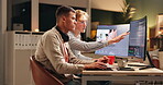 Graphic designer, teamwork and people on computer screen with ideas for font, layout and editing online. Young creative people at night talking, collaboration and brainstorming for business project