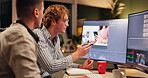 Night, screen and discussion of teamwork with computer for problem solving, planning and brainstorm. Late working, editor or male producer with desktop for image, video or visual editing in office