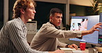 Night, screen and pointing of teamwork with computer for problem solving, planning and brainstorm. Late working, editor or male producer with desktop for image, visual editing or discussion in office