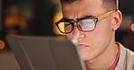 Tablet, reading and business man research online for information, project and confused in startup closeup at night. Digital, technology and creative copywriter on blog, article and news on deadline