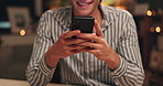 Businessman, hands and typing with phone at night for communication, discussion or social media at office. Closeup of man or employee on mobile smartphone for late online texting, chatting or app