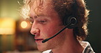 Man, headset and call centre speaking to client for telemarketing, tech support or customer service to help. Male agent, talking and virtual assistant for sales advice, server or faq for remote work