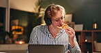 Man, headphones and laptop with pizza, music and media broadcast for web radio host. Audio streaming, musician and content creator with computer, internet break and technology with album production