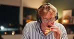 Musician, headphones and laptop with pizza, music and media broadcast for web radio host. Audio streaming, man and content creator with computer, internet break and technology with album production