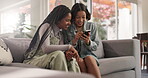 Girl, friends and funny with phone on sofa for social media meme, online video or laughing for text message joke in home. Gen z, people or comedy on smartphone in lounge for gossip site or comic post