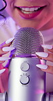 Girl hands, microphone and ASMR in studio for scratch, social media or influencer by neon lights. Female content creator, recording or audio with equipment for sound, satisfaction or online audience