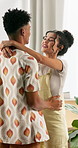 Dancing, moving and couple with love in new home listening to music, playlist or radio. Happy, boxes and young man and woman bonding and groove together to song for celebration in modern apartment.