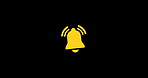 Icon, bell and motion with alarm, alert and animated with reminder to wake up on black background. Empty, click and snooze with cartoon, notification and timer for morning, evening and mockup space