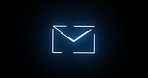Neon light, mail and icon with motion of line, animation or envelope on a black background. Abstract sign, letter or message with symbol, glow or design of outline, alert or notification for email